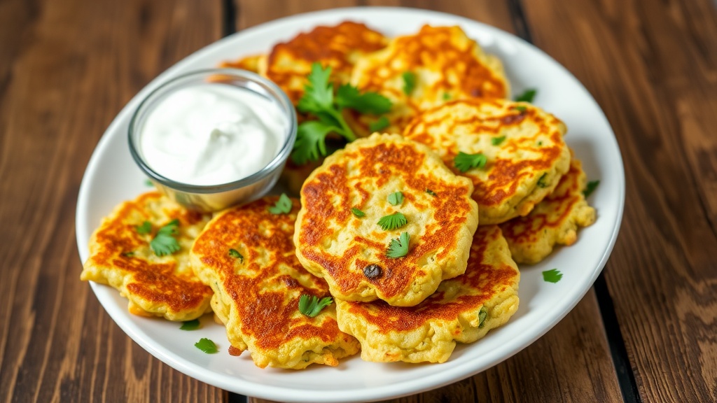 Crispy Zucchini Fritters Recipe Crispy zucchini fritters on a plate with parsley and a yogurt dipping sauce.